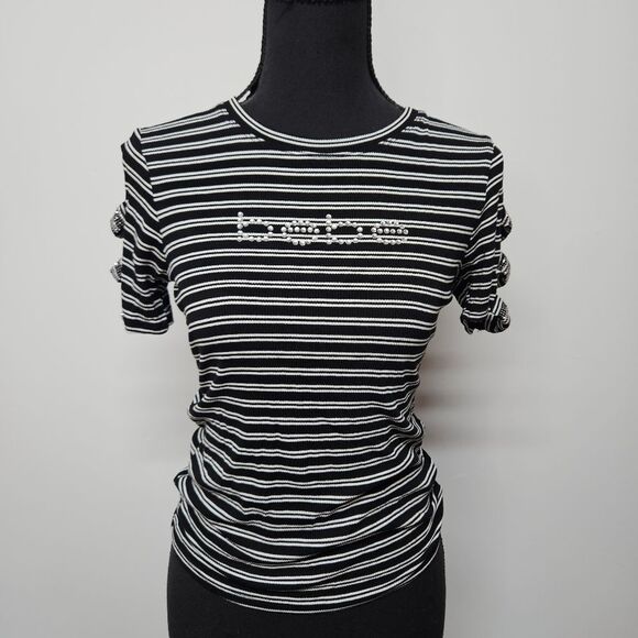 Striped Black and White Top with BEBE Embellishments Size Medium - Picture 2 of 7